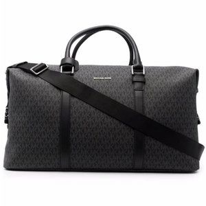 New Michael Kors Black Hudson Monogram Logo Coated Canvas Duffle Travel Bag